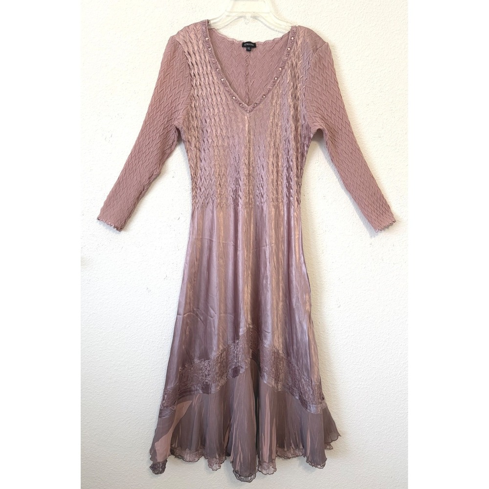Komarov Maxi Dress XL Ombre Blush Beaded V-Neck Pleated Gown Mother of the Bride